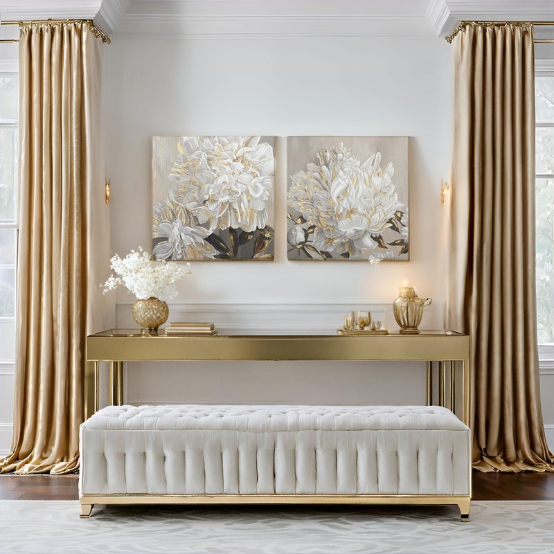 Goldfoilart Flower Wall Art Floral Decor Modern White Blooming Pictures with Gold Foil Paintings Framed Artwork for Living Room Bedroom Kitchen Decorations 24" x 24" x 2 Pcs - Image 3